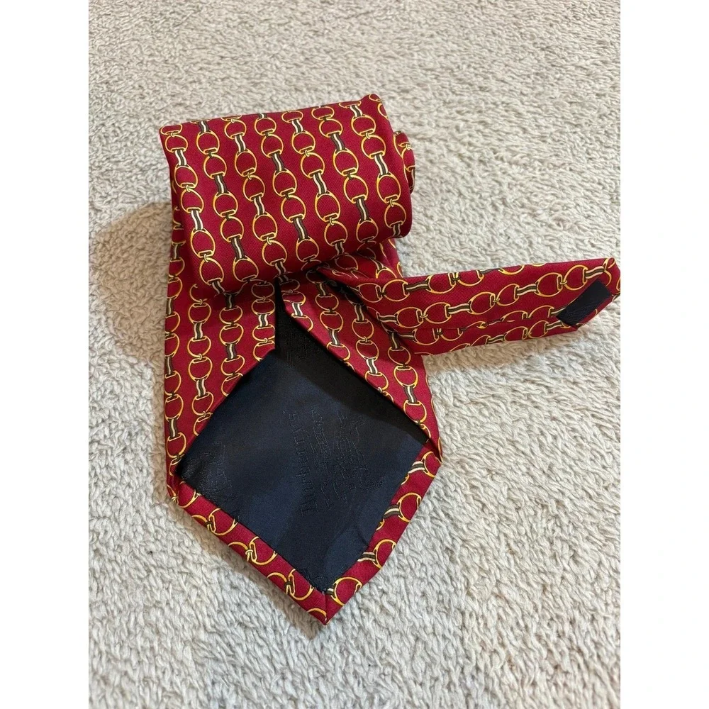 Vintage Burberry's Silk Tie Red‎ Gold Equestrian Horsebit Chain Made in England
